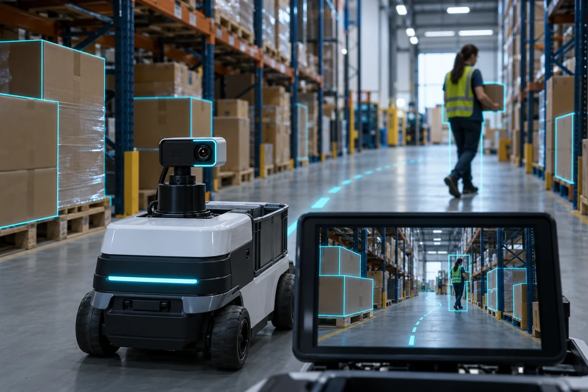 A warehouse robot camera identifies boxes and a person while tracking movement