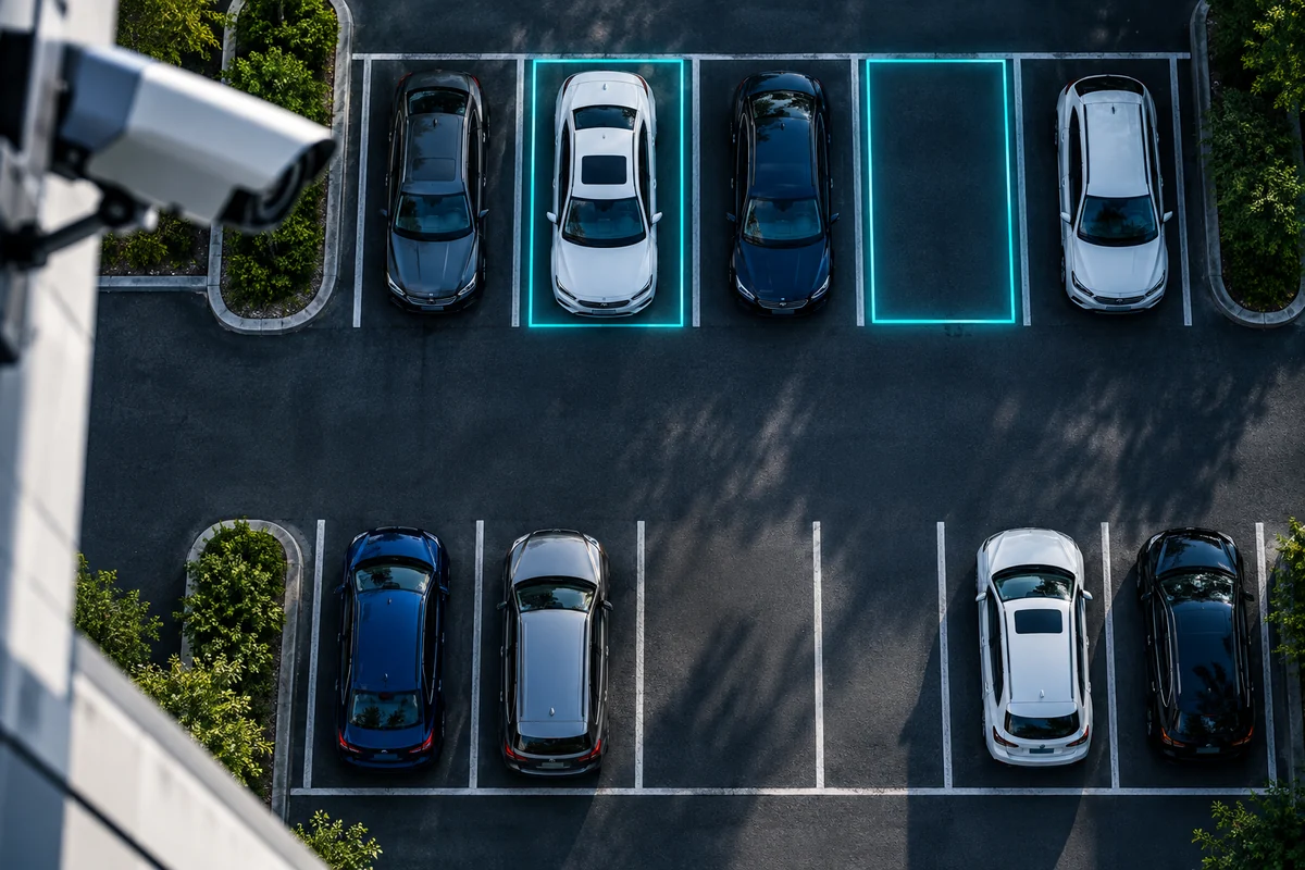 Parking lot camera view with vehicle outlines used to assess occupied spaces