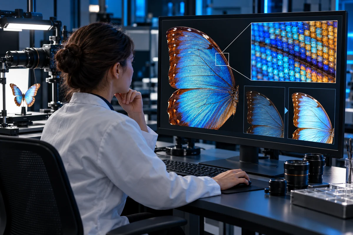 An imaging scientist examines a butterfly photograph, its pixel grid, and a brightness adjustment
