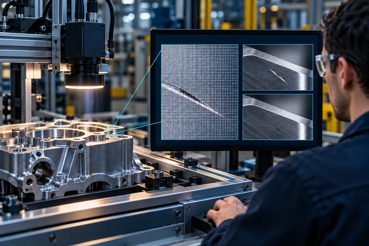 Inspection camera viewing a scratched metal part with its pixels and image processing result