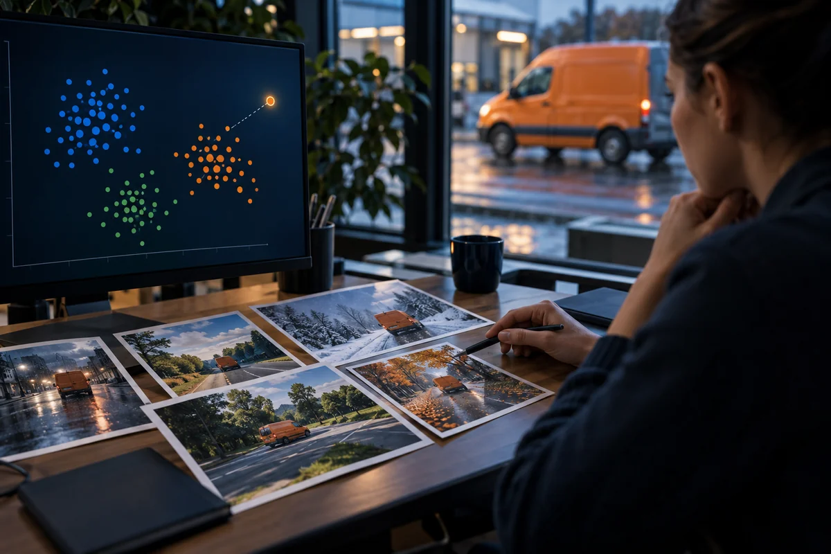 An analyst compares past delivery examples with a new trip using a simple pattern display