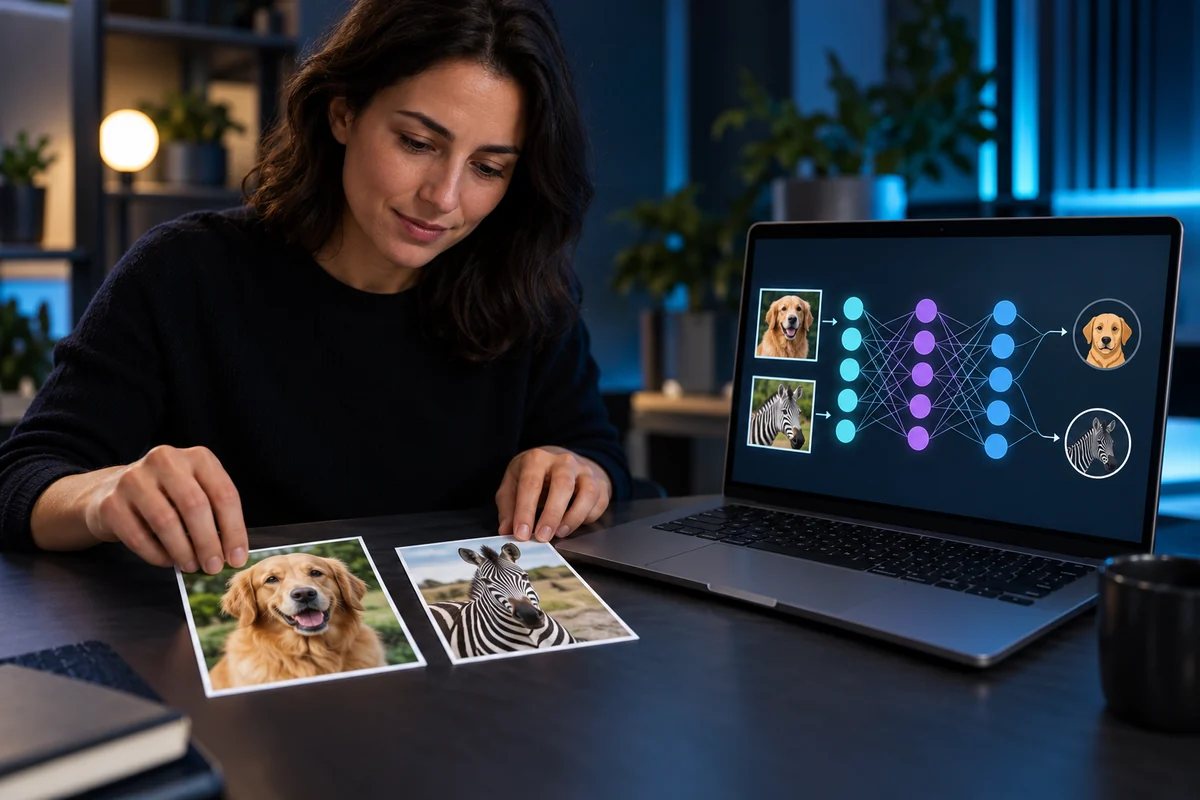 A teacher uses dog and zebra photographs to explain how a neural network recognizes examples