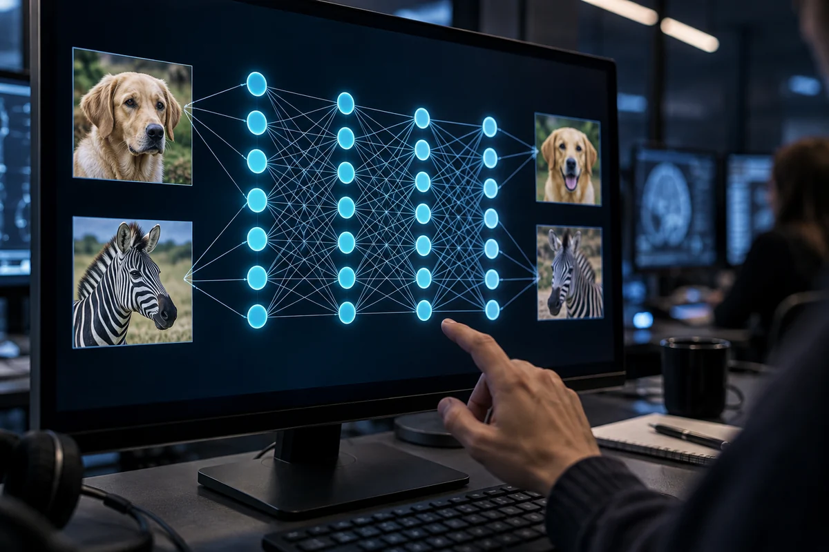 A realistic computer display showing dog and zebra photographs passing through connected neural network layers